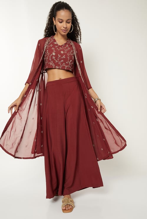 Women Embroidered Top With Palazzos and Shrug