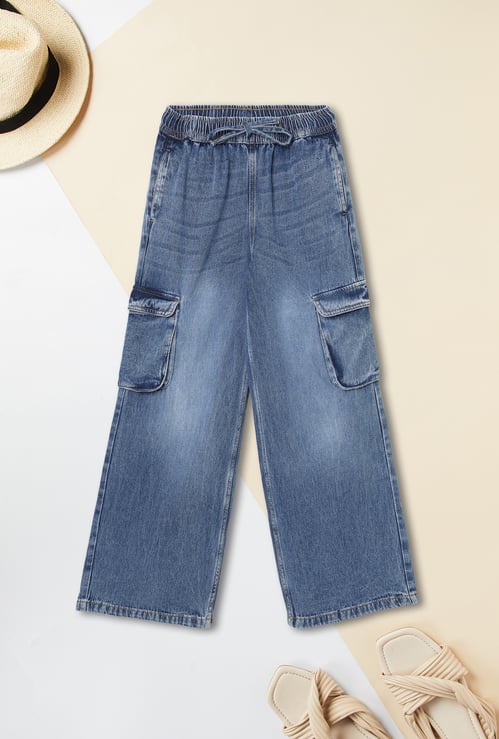 Girls Washed Wide Leg Cargo Jeans