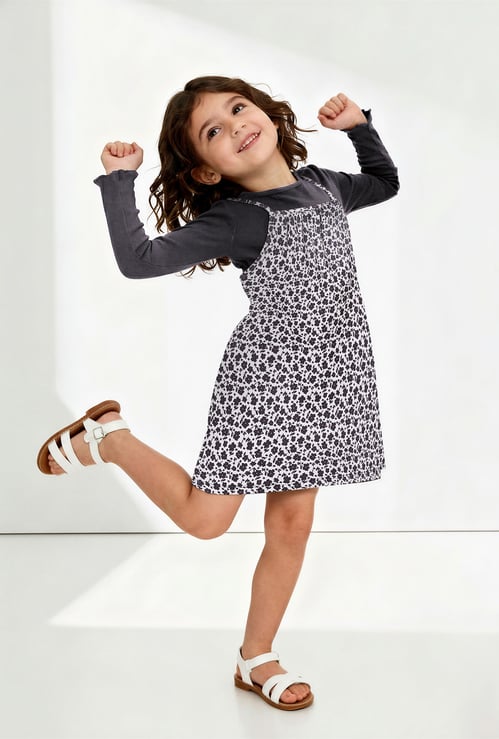 Girls Printed Pinafore Dress with T-shirt