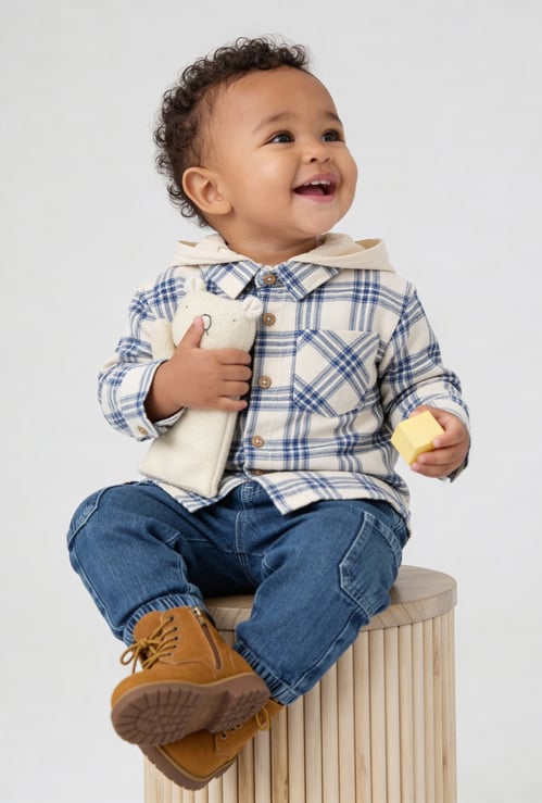 Boys Checked Hooded Shirt