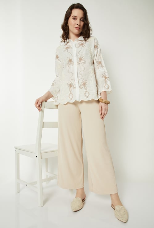 Women Elasticated Front Waist Tie Up Ribbed Palazzo