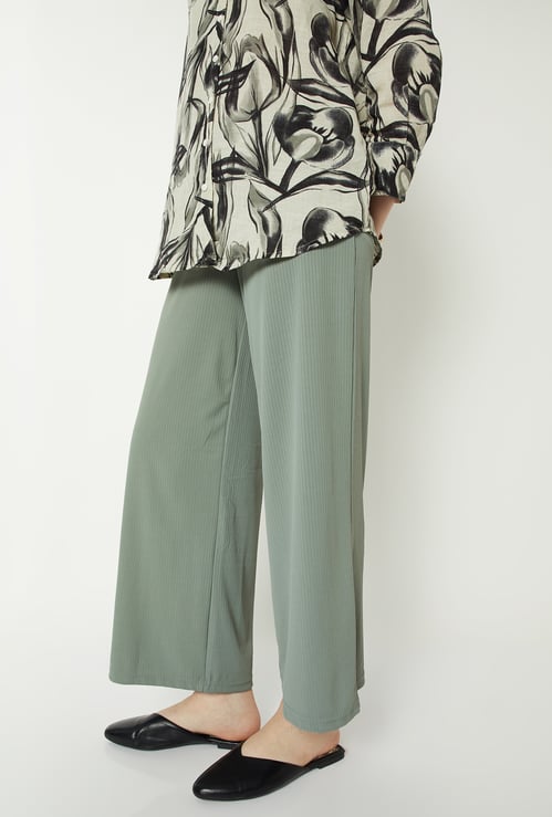 Women Elasticated Front Waist Tie-Up Ribbed Palazzo