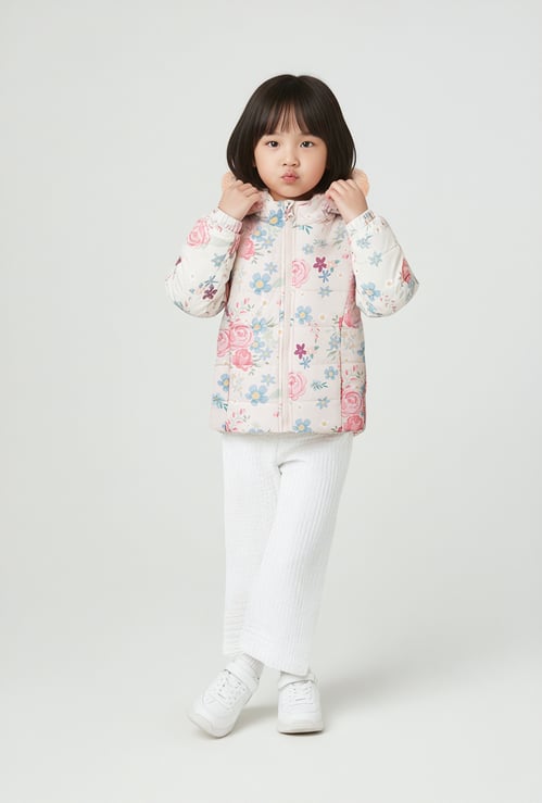 Girls Floral Print Hooded Padded Jacket