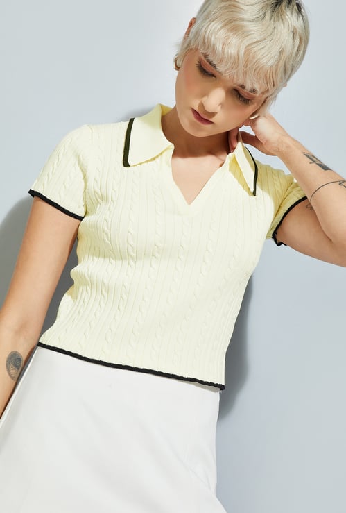 ALAYA F x URB_N Women Ribbed Crop Polo T-shirt