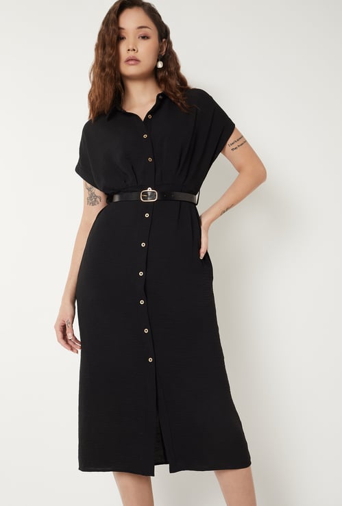 Women Solid Shirt Dress with Belt