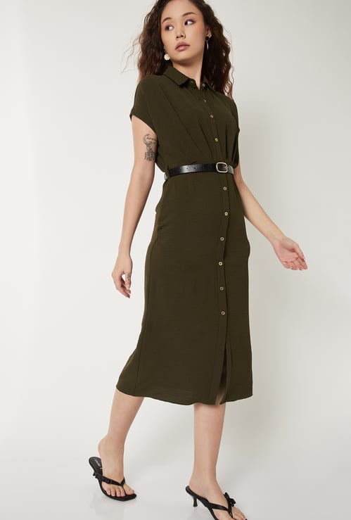 Women Solid Shirt Dress with Belt