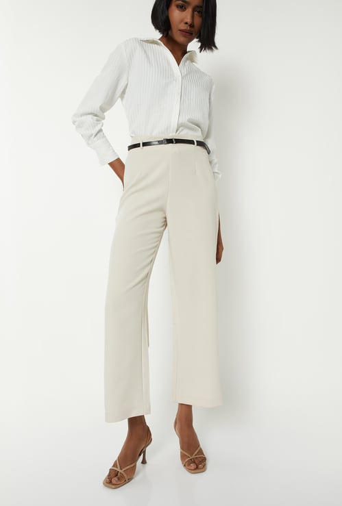 Women Solid Wide-Leg Crop Trousers with Belt