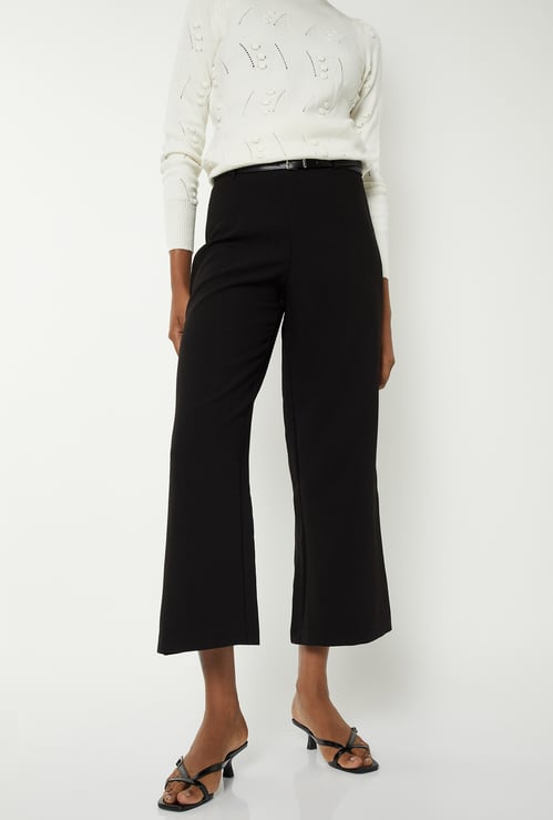 Women Solid Wide-Leg Crop Trousers with Belt