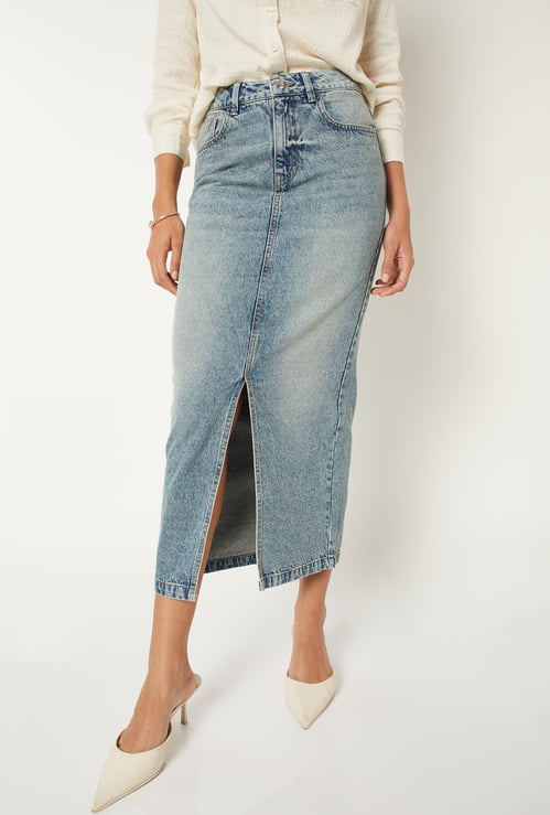 Women Washed Denim Pencil Midi Skirt