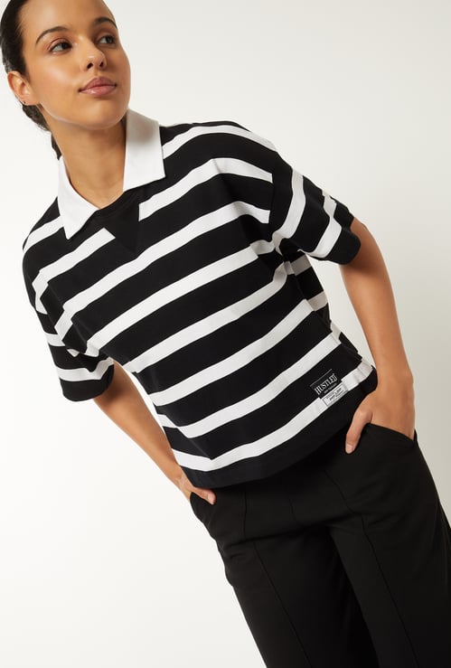 Women Striped Boxy Johnny Collar T-shirt