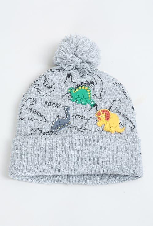 Boys Dino Applique Beanie with Pom Pom Detail
