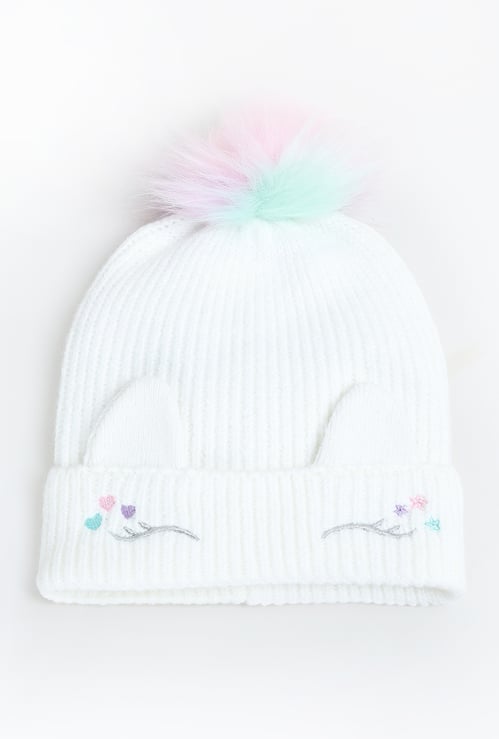 Girls Applique Beanie with Pom Pom Detail