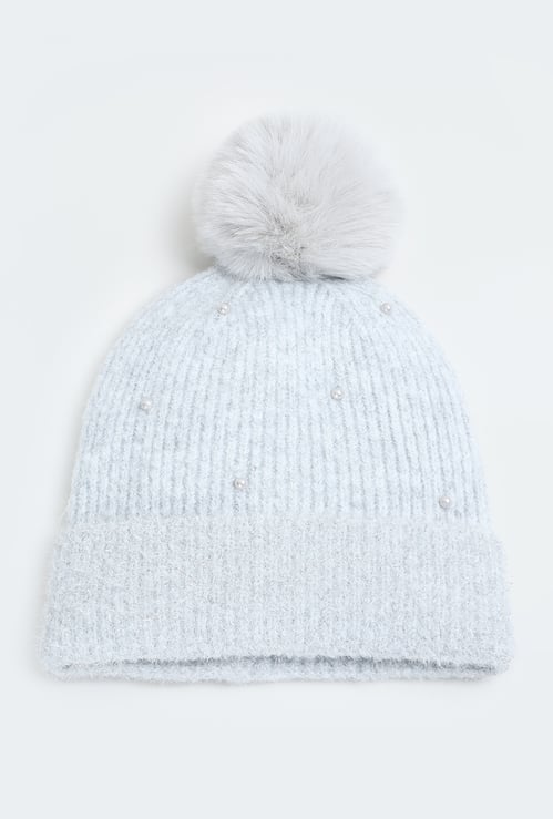 Girls Pearl Embellished Beanie with Pom Pom Detail