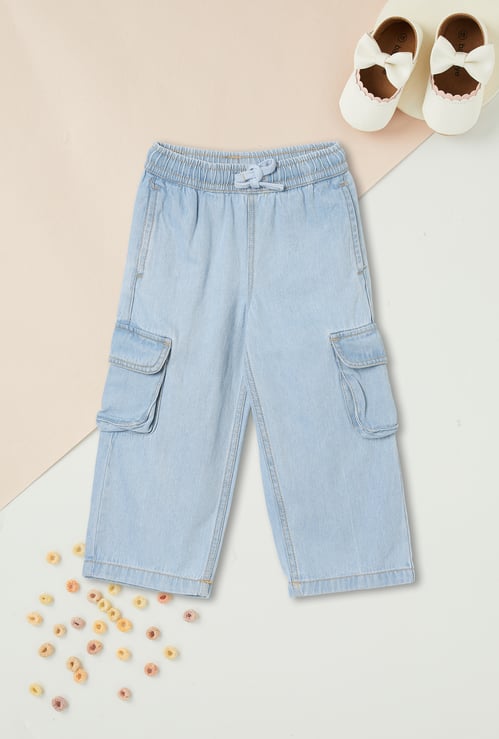 Girls Washed Wide Leg Cargo Jeans