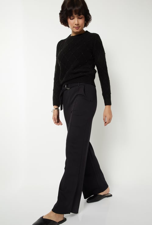 Women Wide Leg Belted Trousers