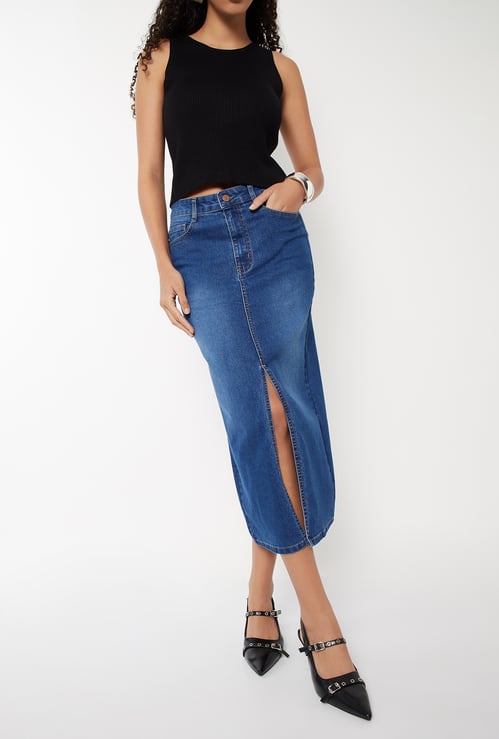 Women Washed Denim High Rise Skirt