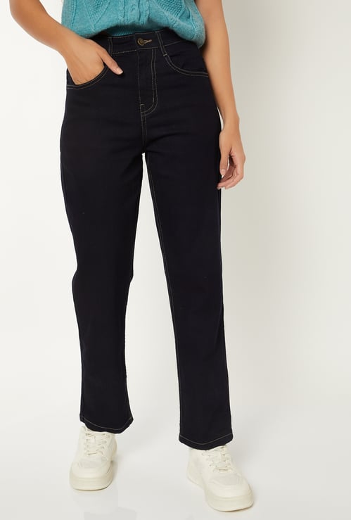Women Washed High Rise Slim Straight Jeans