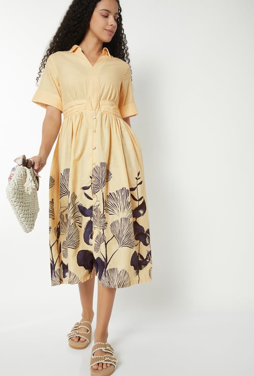 Women Floral Print Midi Shirt Dress