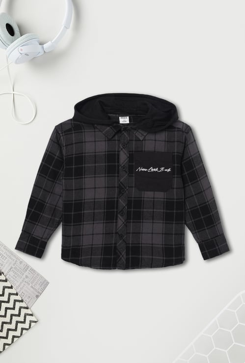 Boys Checked Hooded Shirt