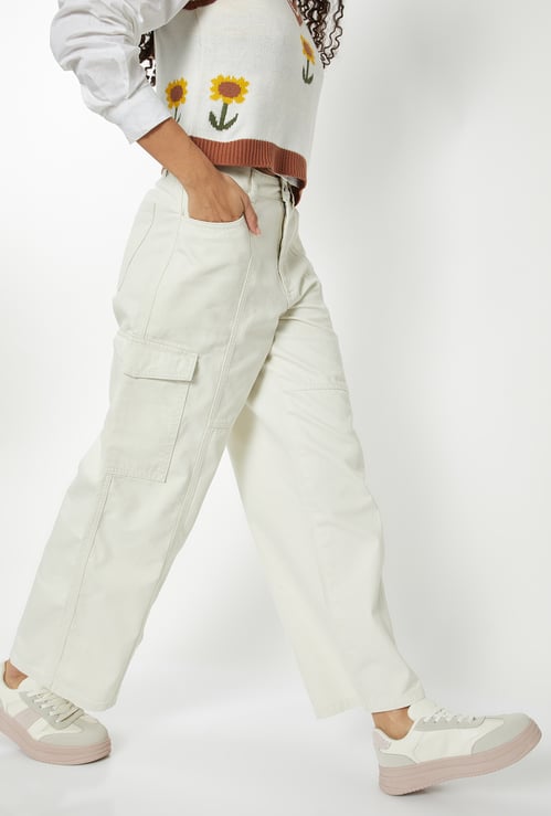 Women Solid Wide Leg High-Rise Cargo Jeans