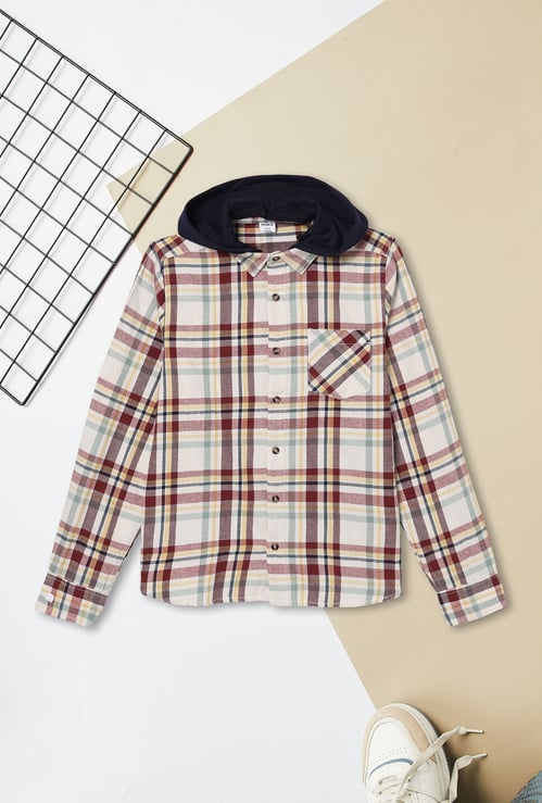 Boys Checked Hooded Shirt
