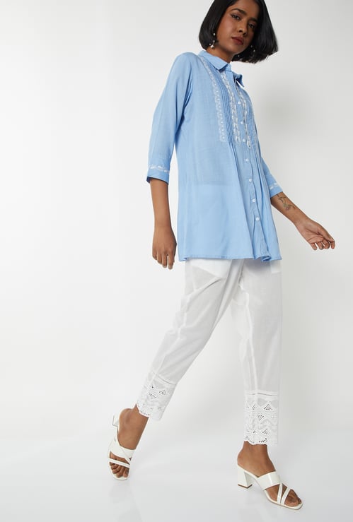 Women Embroidered Hem Straight Pants