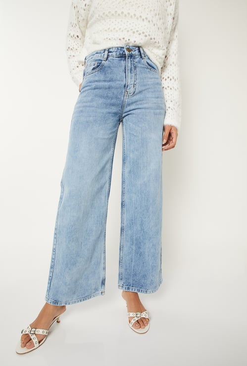 Women Washed High Rise Wide Leg Jeans