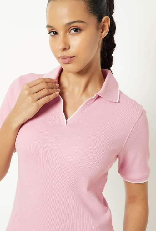 Women Ribbed Slim Fit Sports Polo T-shirt