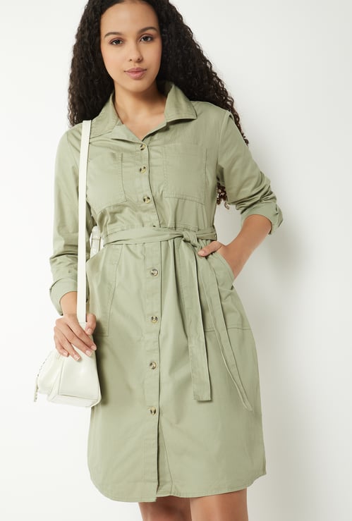 Women Solid A-line Shirt Dress