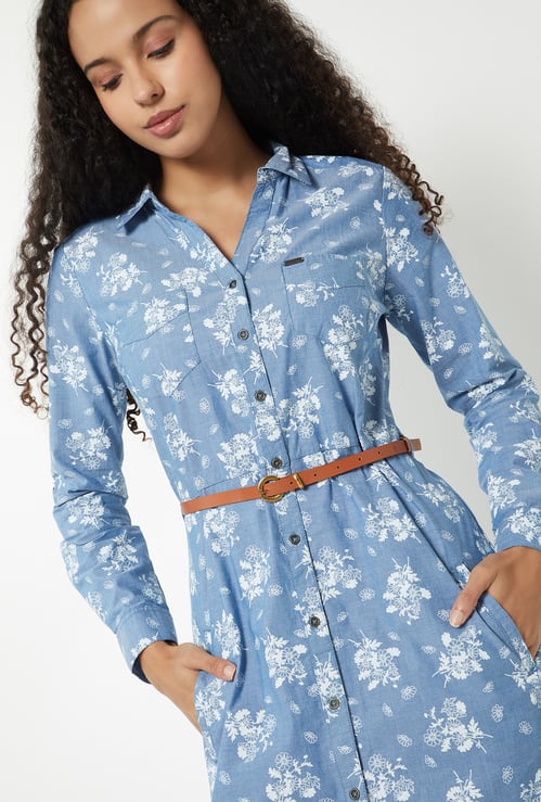 Women Floral Print Shirt Dress with Belt