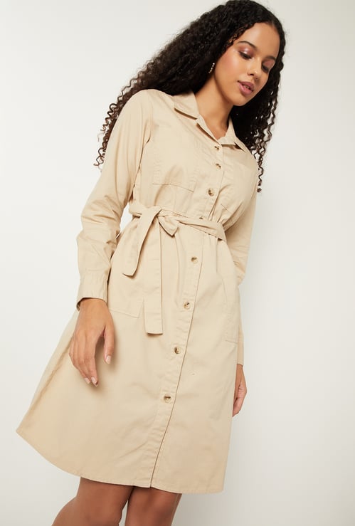 Women Solid Shirt Midi Dress