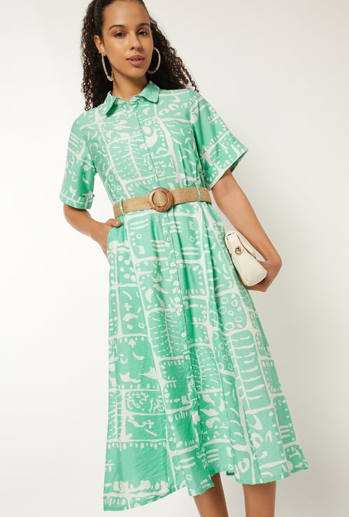 Women Printed Belted Shirt Dress