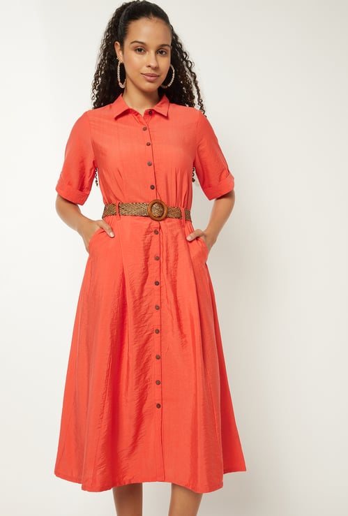 Women Solid Belted Shirt Dress