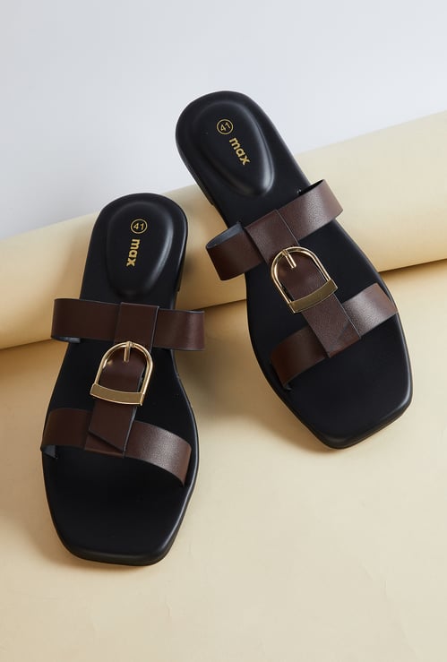 Women Solid Double Strap Sandals with Buckle