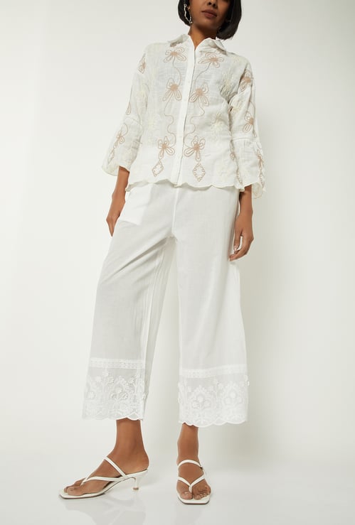Women Embroidered Palazzos with Scalloped Hem