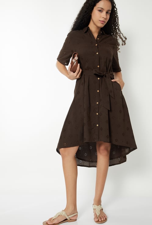 Women Solid Schiffli High-Low Belted Shirt Dress