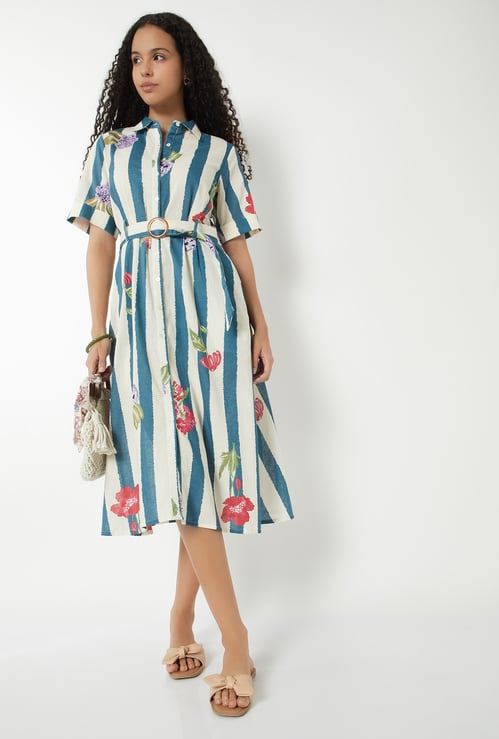 Women Printed Belted A-line Shirt Dress