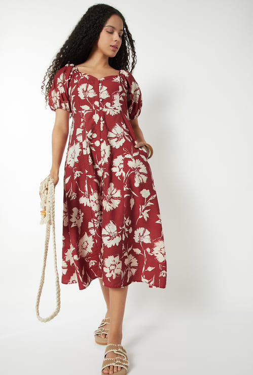 Women Floral Print A-line Midi Dress