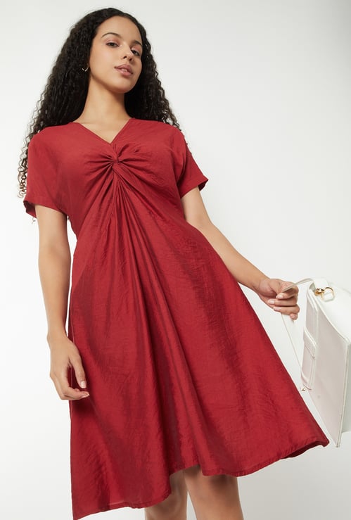 Women Solid Twist Knot A-line Dress