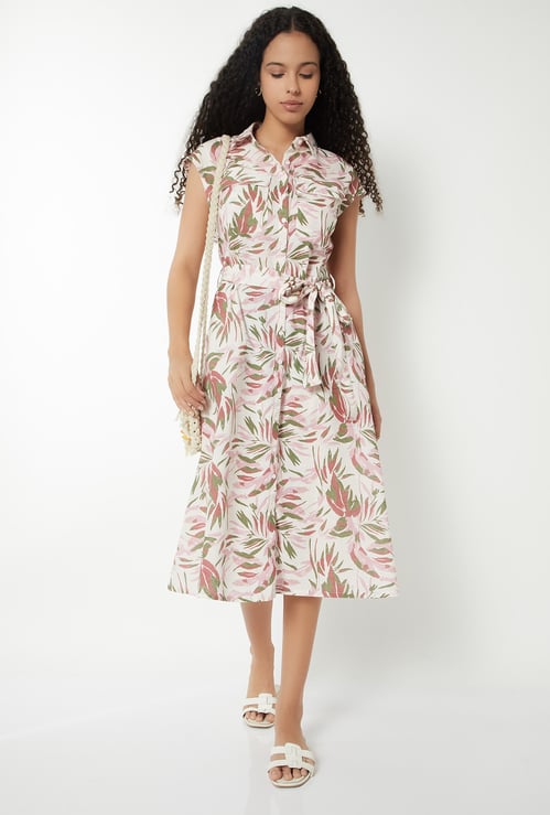 Women Tropical Print Midi Shirt Dress