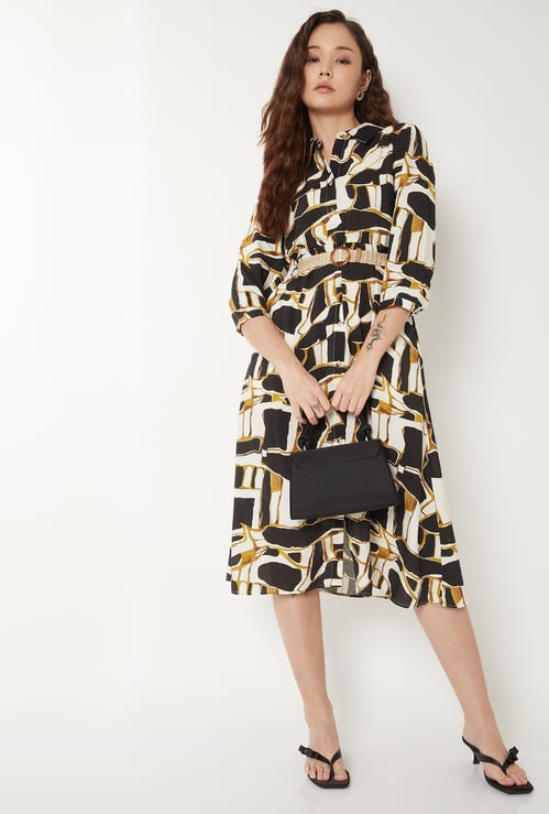 Women Printed A-line Shirt Dress with Belt