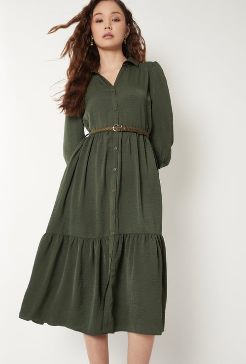 Women Textured A-line Tiered Shirt Dress with Belt