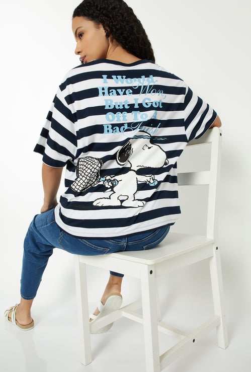 Women Striped Snoopy Print Oversized T-shirt