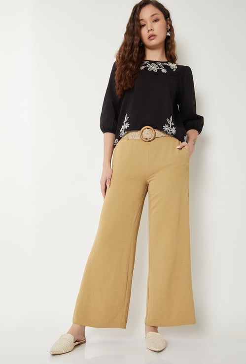 Women Solid Wide Leg Trousers with Belt