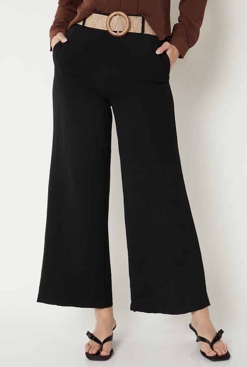 Women Solid Wide Leg Trousers with Belt