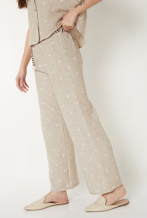 Women Embroidered Wide-Leg Pants with Belt