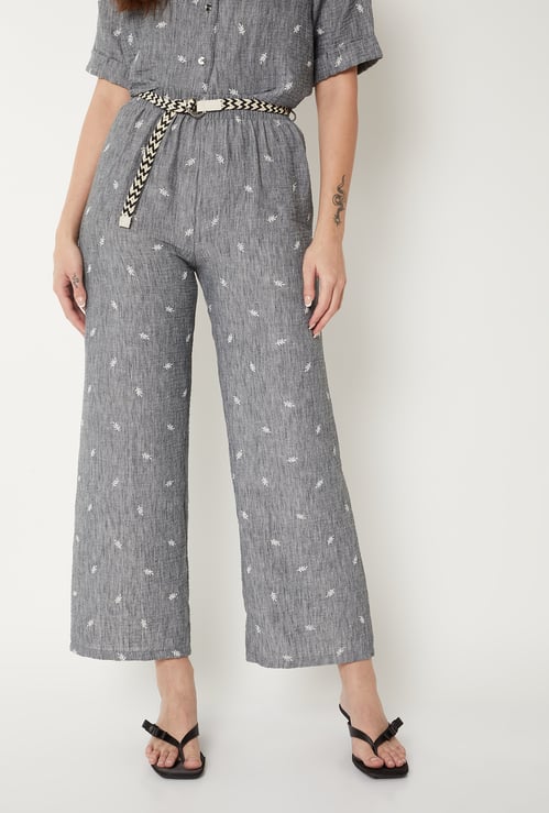 Women Embroidered Wide-Leg Pants with Belt
