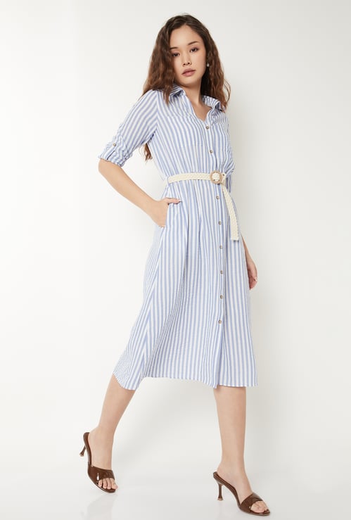 Women Striped A-line Shirt Dress with Belt