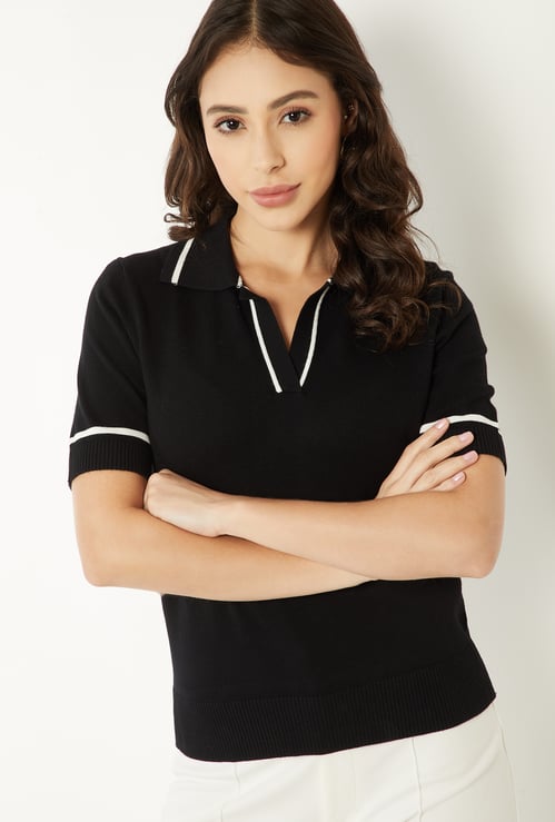 Women Knit Johnny Collar T-shirt