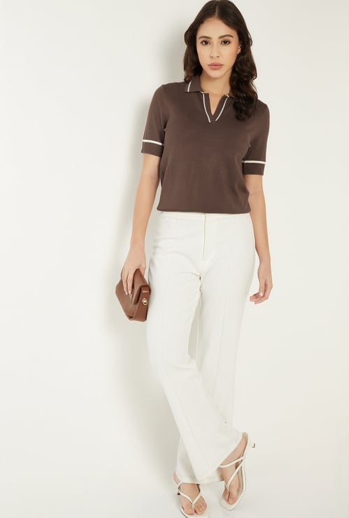 Women Knit Johnny Collar T-shirt